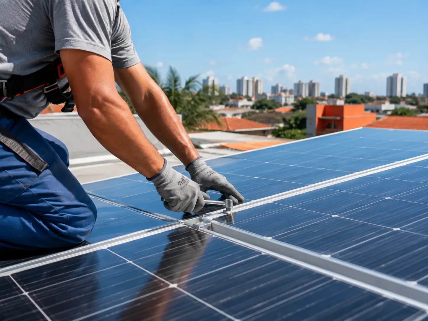 Técnicos instalando módulos de painel solar em um telhado